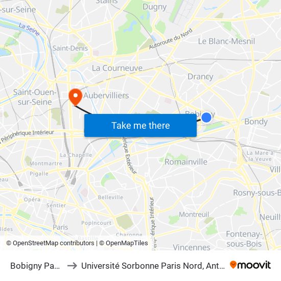 Bobigny Pablo Picasso to Université Sorbonne Paris Nord, Antenne de L'Iut de Saint-Denis map