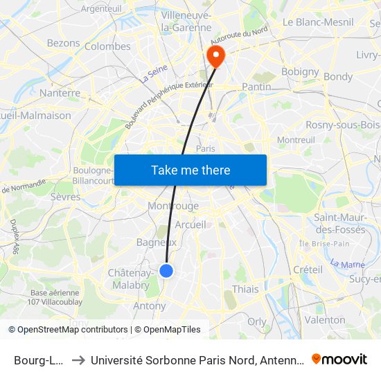 Bourg-La-Reine to Université Sorbonne Paris Nord, Antenne de L'Iut de Saint-Denis map