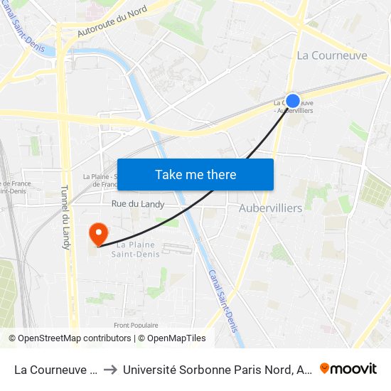 La Courneuve - Aubervilliers to Université Sorbonne Paris Nord, Antenne de L'Iut de Saint-Denis map