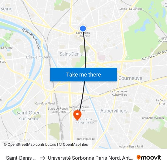 Saint-Denis - Université to Université Sorbonne Paris Nord, Antenne de L'Iut de Saint-Denis map