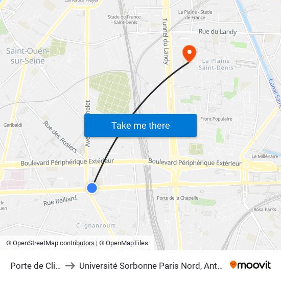 Porte de Clignancourt to Université Sorbonne Paris Nord, Antenne de L'Iut de Saint-Denis map