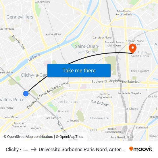Clichy - Levallois to Université Sorbonne Paris Nord, Antenne de L'Iut de Saint-Denis map