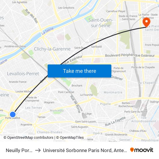 Neuilly Porte Maillot to Université Sorbonne Paris Nord, Antenne de L'Iut de Saint-Denis map
