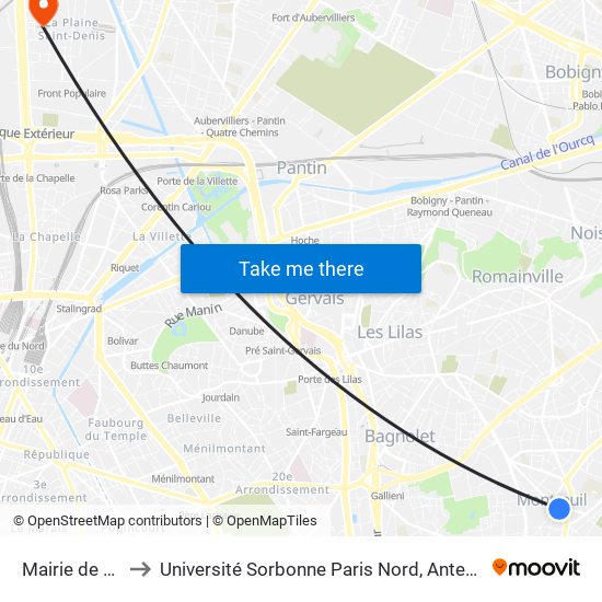 Mairie de Montreuil to Université Sorbonne Paris Nord, Antenne de L'Iut de Saint-Denis map