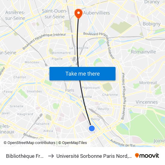 Bibliothèque François Mitterrand to Université Sorbonne Paris Nord, Antenne de L'Iut de Saint-Denis map