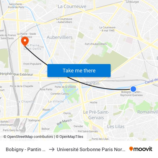 Bobigny - Pantin - Raymond Queneau to Université Sorbonne Paris Nord, Antenne de L'Iut de Saint-Denis map