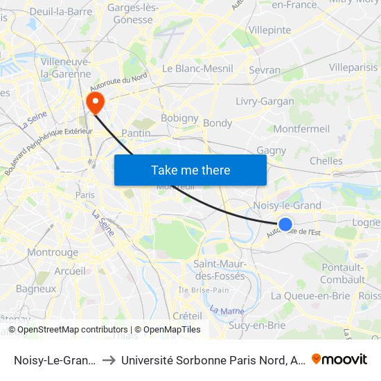 Noisy-Le-Grand - Mont D'Est to Université Sorbonne Paris Nord, Antenne de L'Iut de Saint-Denis map