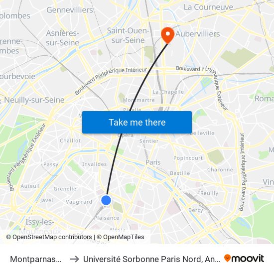 Montparnasse-Bienvenue to Université Sorbonne Paris Nord, Antenne de L'Iut de Saint-Denis map