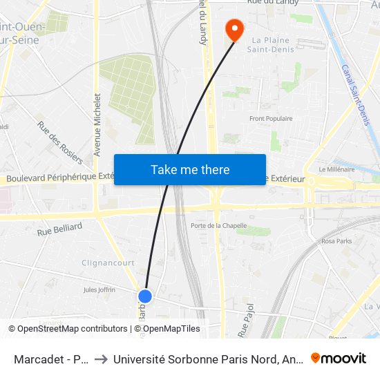 Marcadet - Poissonniers to Université Sorbonne Paris Nord, Antenne de L'Iut de Saint-Denis map