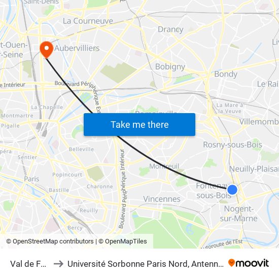 Val de Fontenay to Université Sorbonne Paris Nord, Antenne de L'Iut de Saint-Denis map