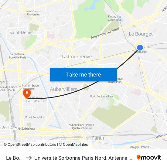 Le Bourget to Université Sorbonne Paris Nord, Antenne de L'Iut de Saint-Denis map