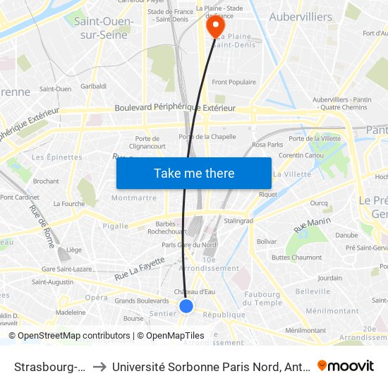 Strasbourg-Saint-Denis to Université Sorbonne Paris Nord, Antenne de L'Iut de Saint-Denis map