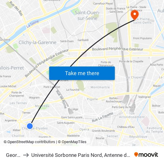 George V to Université Sorbonne Paris Nord, Antenne de L'Iut de Saint-Denis map