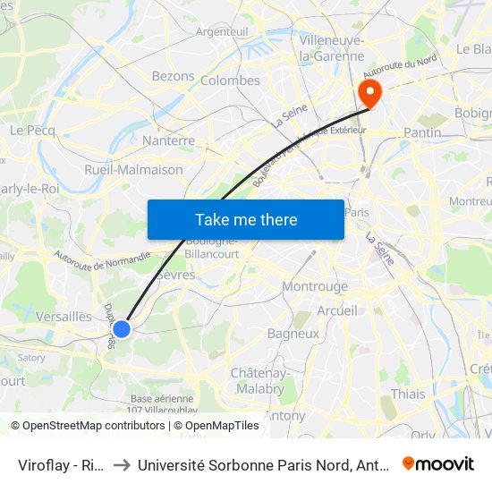 Viroflay - Rive Gauche to Université Sorbonne Paris Nord, Antenne de L'Iut de Saint-Denis map