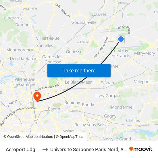 Aéroport Cdg 1 (Terminal 3) to Université Sorbonne Paris Nord, Antenne de L'Iut de Saint-Denis map