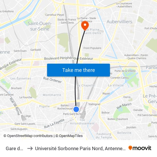 Gare du Nord to Université Sorbonne Paris Nord, Antenne de L'Iut de Saint-Denis map