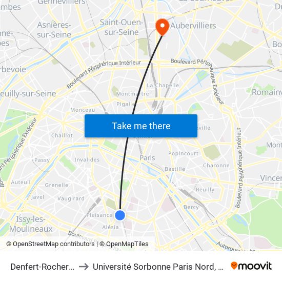 Denfert-Rochereau - Métro-Rer to Université Sorbonne Paris Nord, Antenne de L'Iut de Saint-Denis map