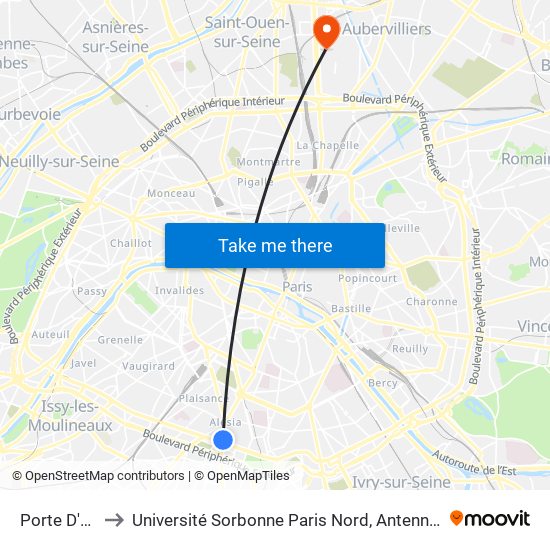 Porte D'Orléans to Université Sorbonne Paris Nord, Antenne de L'Iut de Saint-Denis map