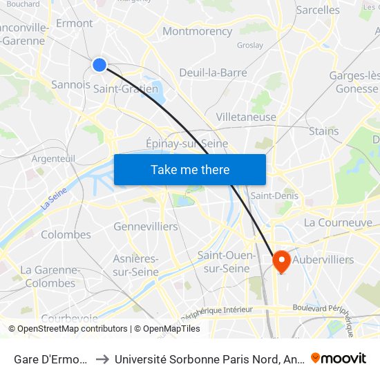 Gare D'Ermont-Eaubonne to Université Sorbonne Paris Nord, Antenne de L'Iut de Saint-Denis map