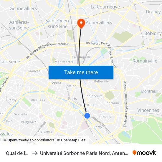 Quai de la Rapée to Université Sorbonne Paris Nord, Antenne de L'Iut de Saint-Denis map