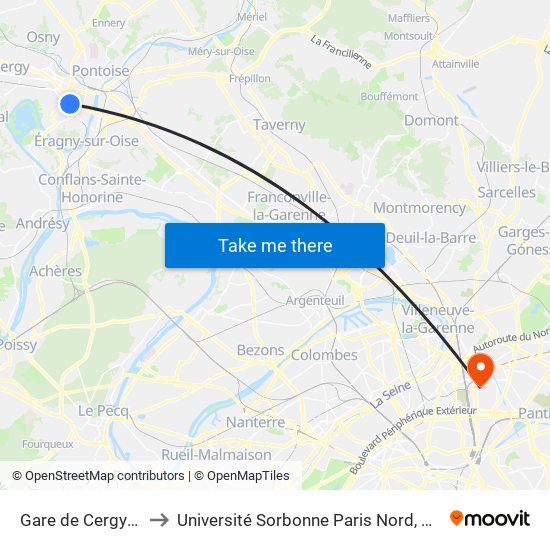 Gare de Cergy Préfecture (C) to Université Sorbonne Paris Nord, Antenne de L'Iut de Saint-Denis map