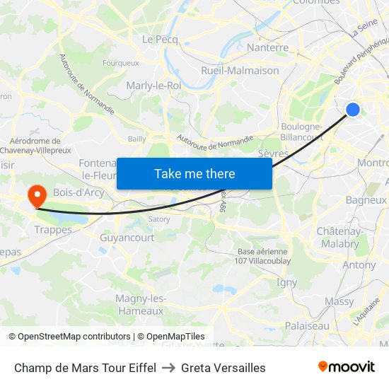 Champ de Mars Tour Eiffel to Greta Versailles map