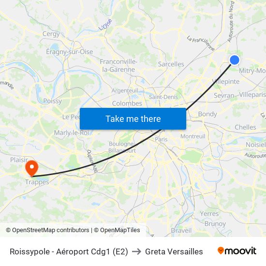 Roissypole - Aéroport Cdg1 (E2) to Greta Versailles map
