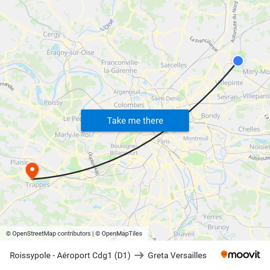 Roissypole - Aéroport Cdg1 (D1) to Greta Versailles map