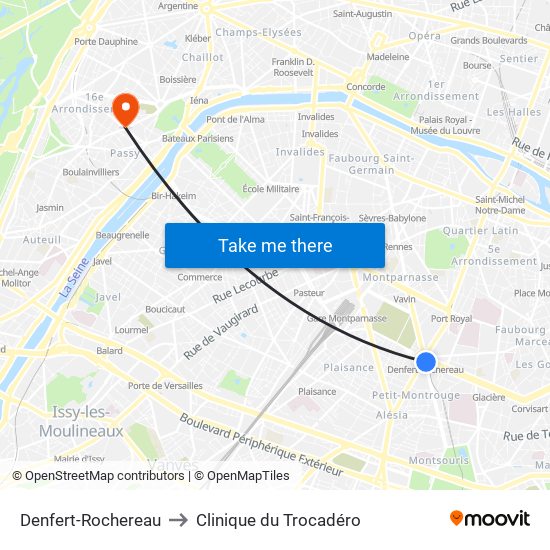 Denfert-Rochereau to Clinique du Trocadéro map