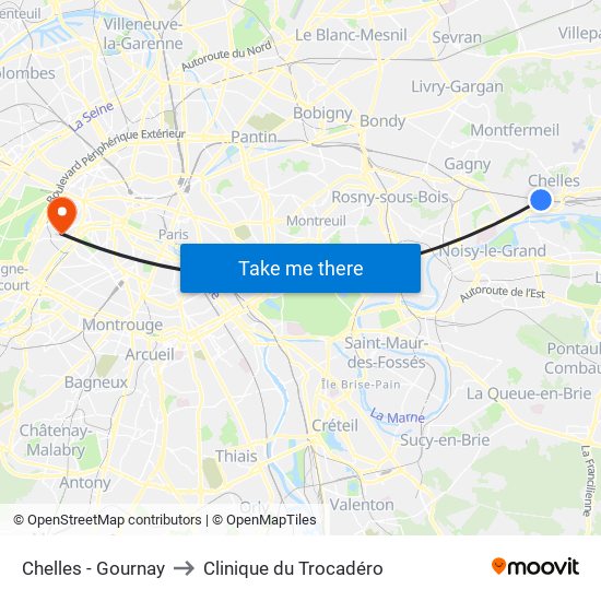 Chelles - Gournay to Clinique du Trocadéro map