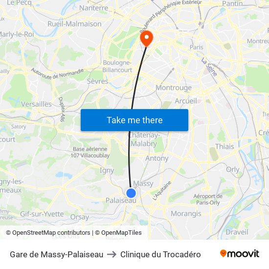 Gare de Massy-Palaiseau to Clinique du Trocadéro map