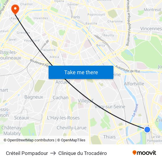 Créteil Pompadour to Clinique du Trocadéro map