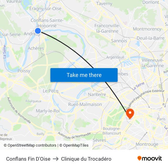 Conflans Fin D'Oise to Clinique du Trocadéro map