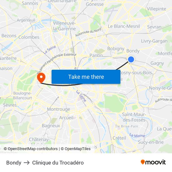 Bondy to Clinique du Trocadéro map