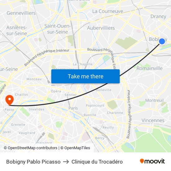 Bobigny Pablo Picasso to Clinique du Trocadéro map