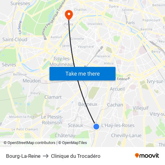Bourg-La-Reine to Clinique du Trocadéro map