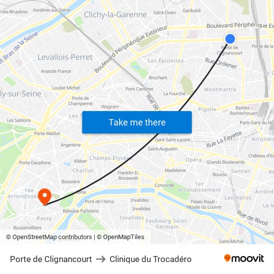 Porte de Clignancourt to Clinique du Trocadéro map