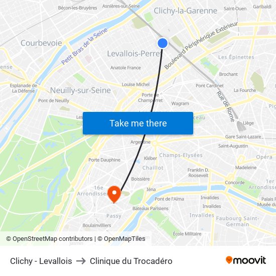 Clichy - Levallois to Clinique du Trocadéro map