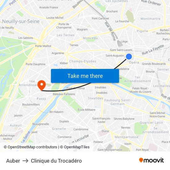 Auber to Clinique du Trocadéro map
