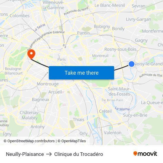 Neuilly-Plaisance to Clinique du Trocadéro map