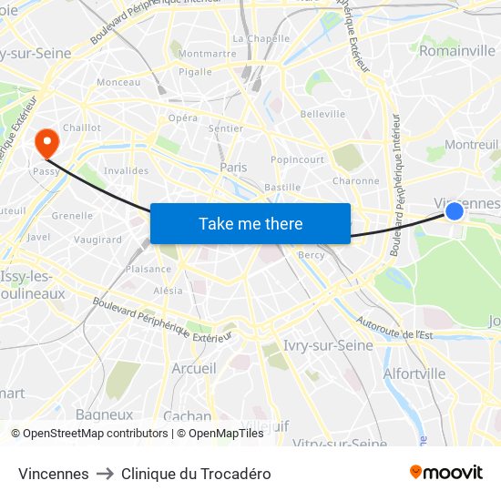Vincennes to Clinique du Trocadéro map