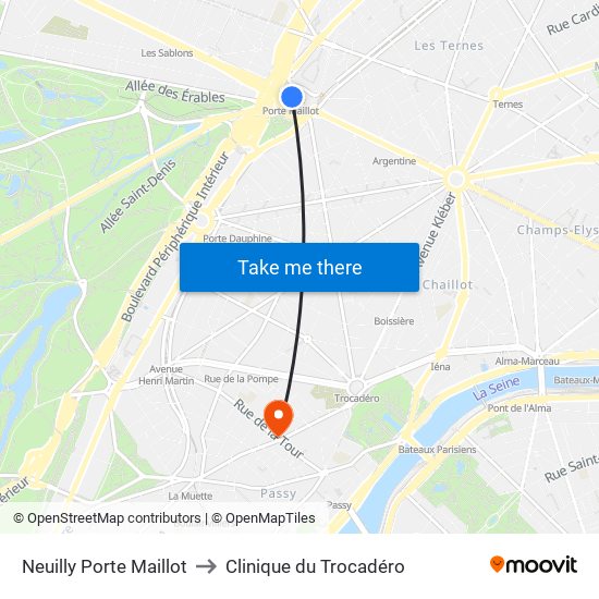 Neuilly Porte Maillot to Clinique du Trocadéro map