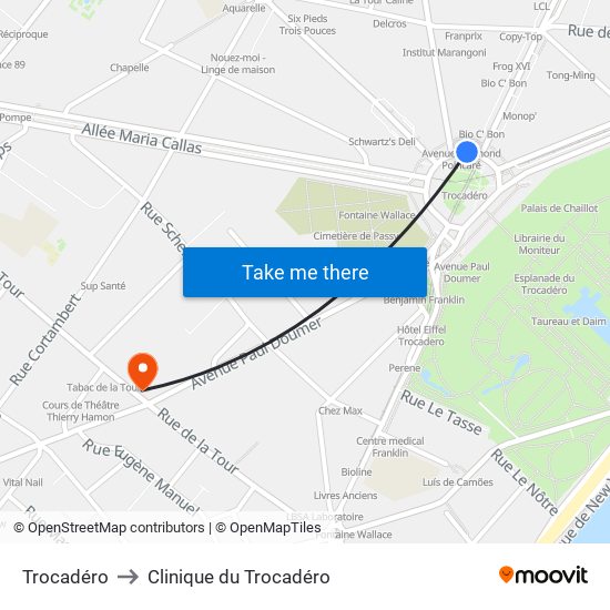 Trocadéro to Clinique du Trocadéro map