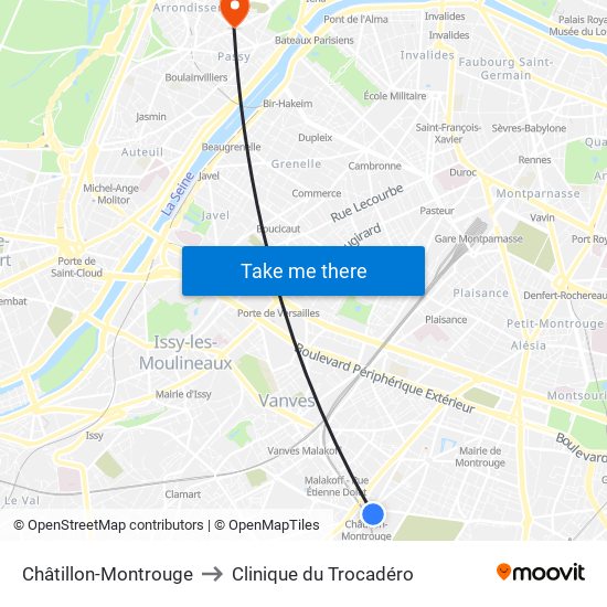 Châtillon-Montrouge to Clinique du Trocadéro map