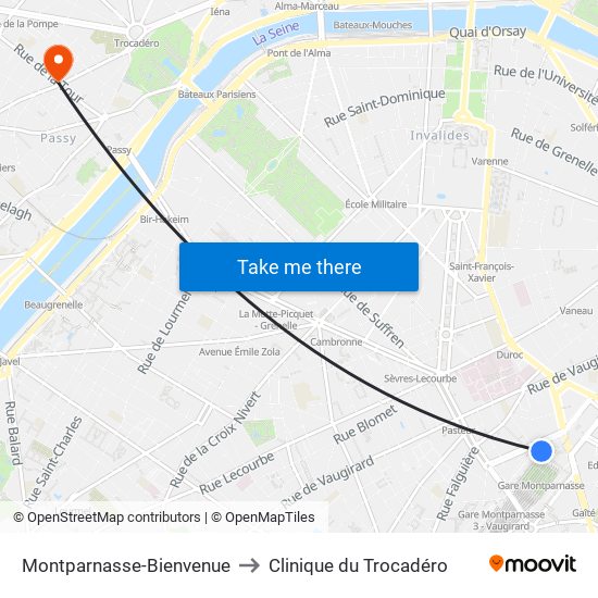 Montparnasse-Bienvenue to Clinique du Trocadéro map