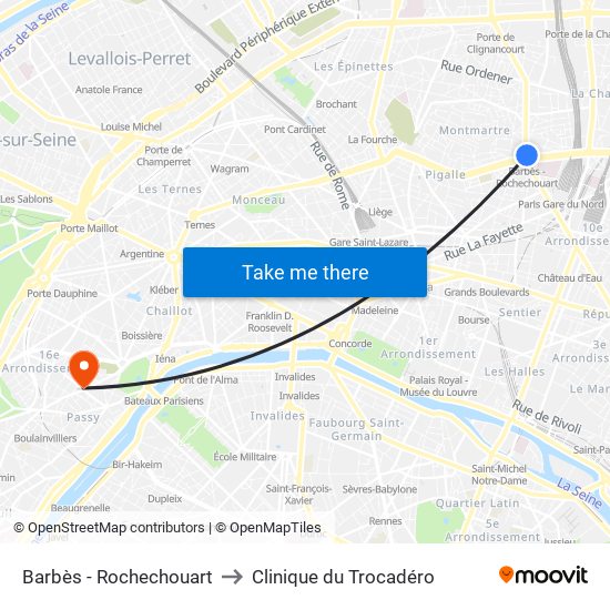 Barbès - Rochechouart to Clinique du Trocadéro map