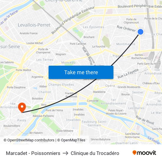 Marcadet - Poissonniers to Clinique du Trocadéro map