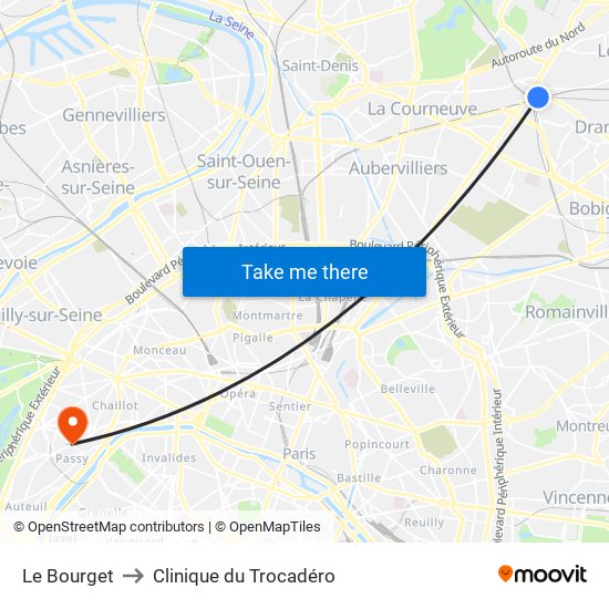 Le Bourget to Clinique du Trocadéro map