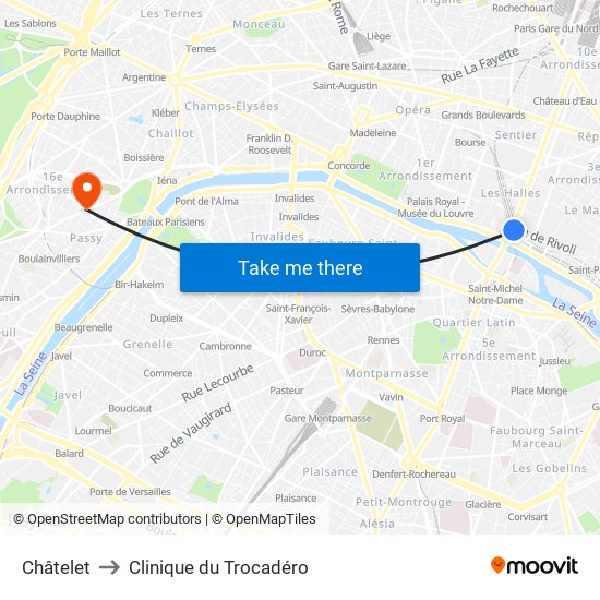 Châtelet to Clinique du Trocadéro map