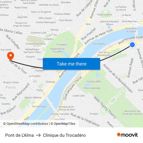 Pont de L'Alma to Clinique du Trocadéro map
